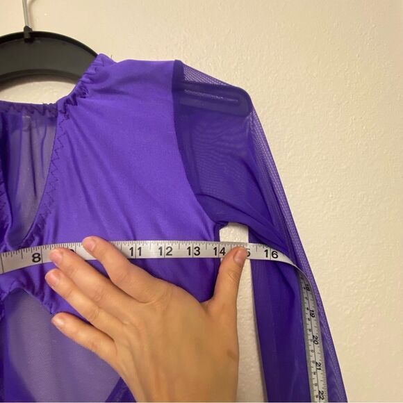 Custom solo dance costume purple unitard jumpsuit mesh  XXS adult LC child - Picture 12 of 13